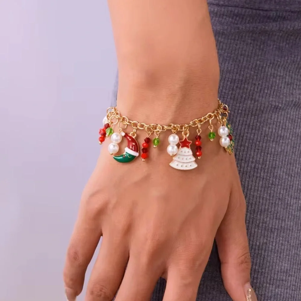 Festive Christmas Gold Charm Bracelet with Santa Snowman Gift Pendants Holiday